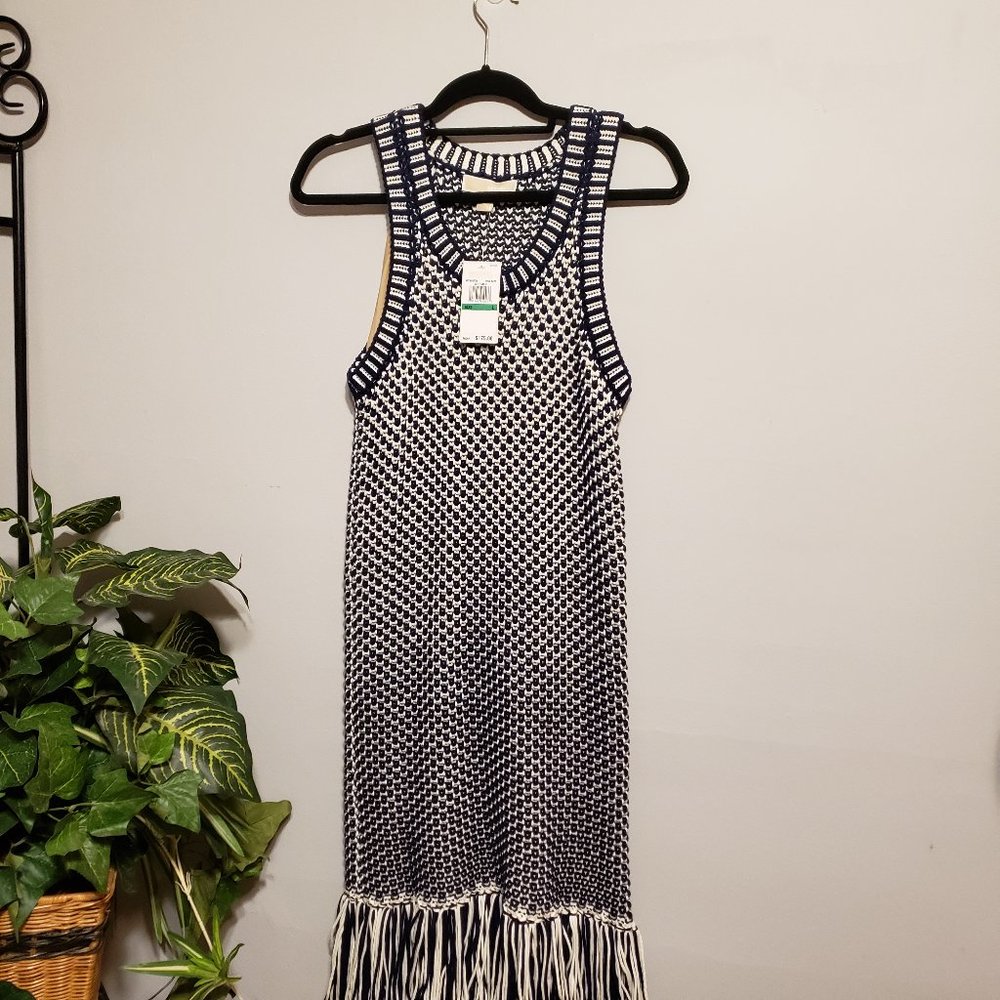 New Michael Kors Navy Blue Sweater Dress with fringe bottom